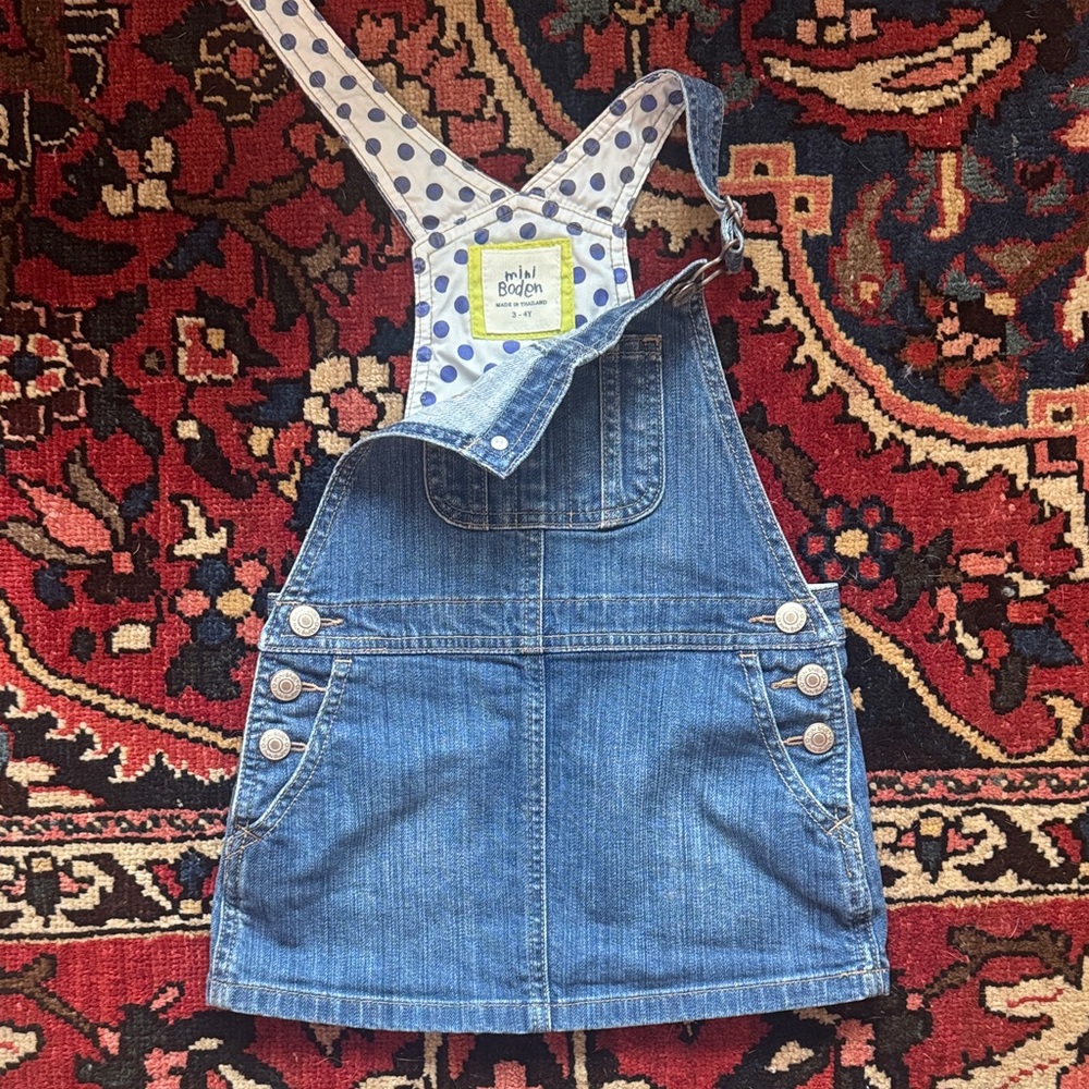 Mini Boden Blue Denim Pinafore with Polka Dot Lining 3-4Y